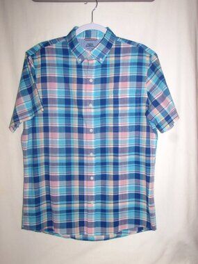 Men's IZOD Shades of Blue Pink Turquoise Plaid Cotton S/S Button Down Shirt M